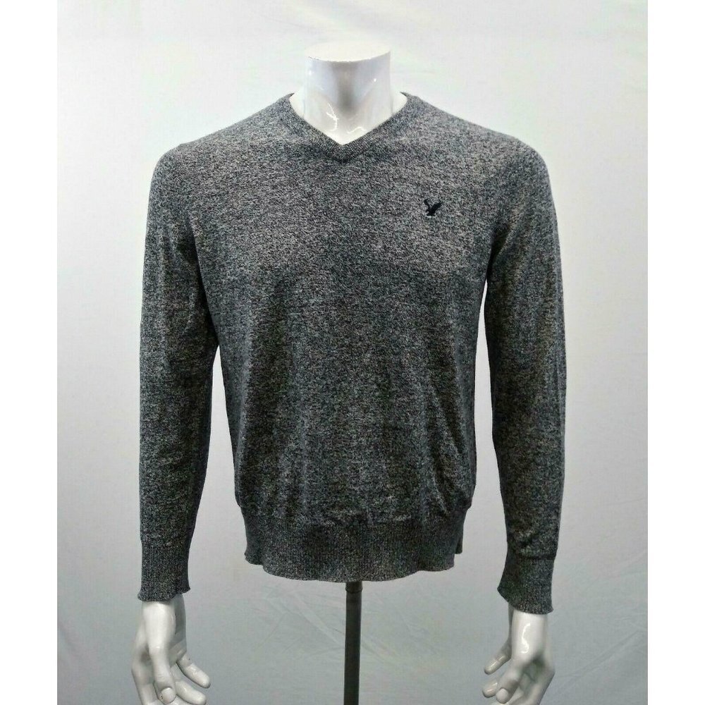 American Eagle Sweater Men’s Medium Salt Pepper Long Sleeve  V Neck Cotton